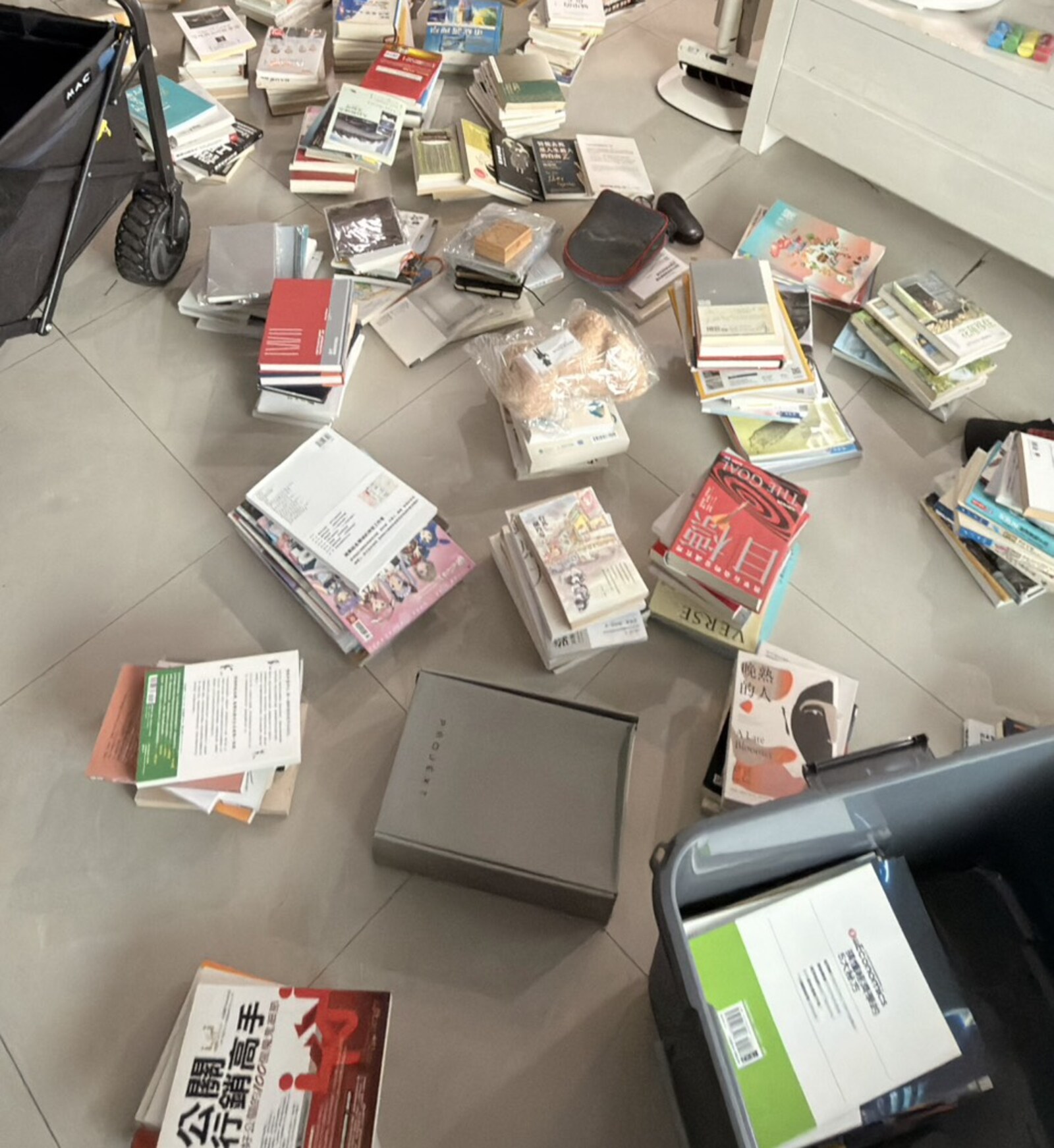 書房清空，書攤滿一整片客廳的地板
