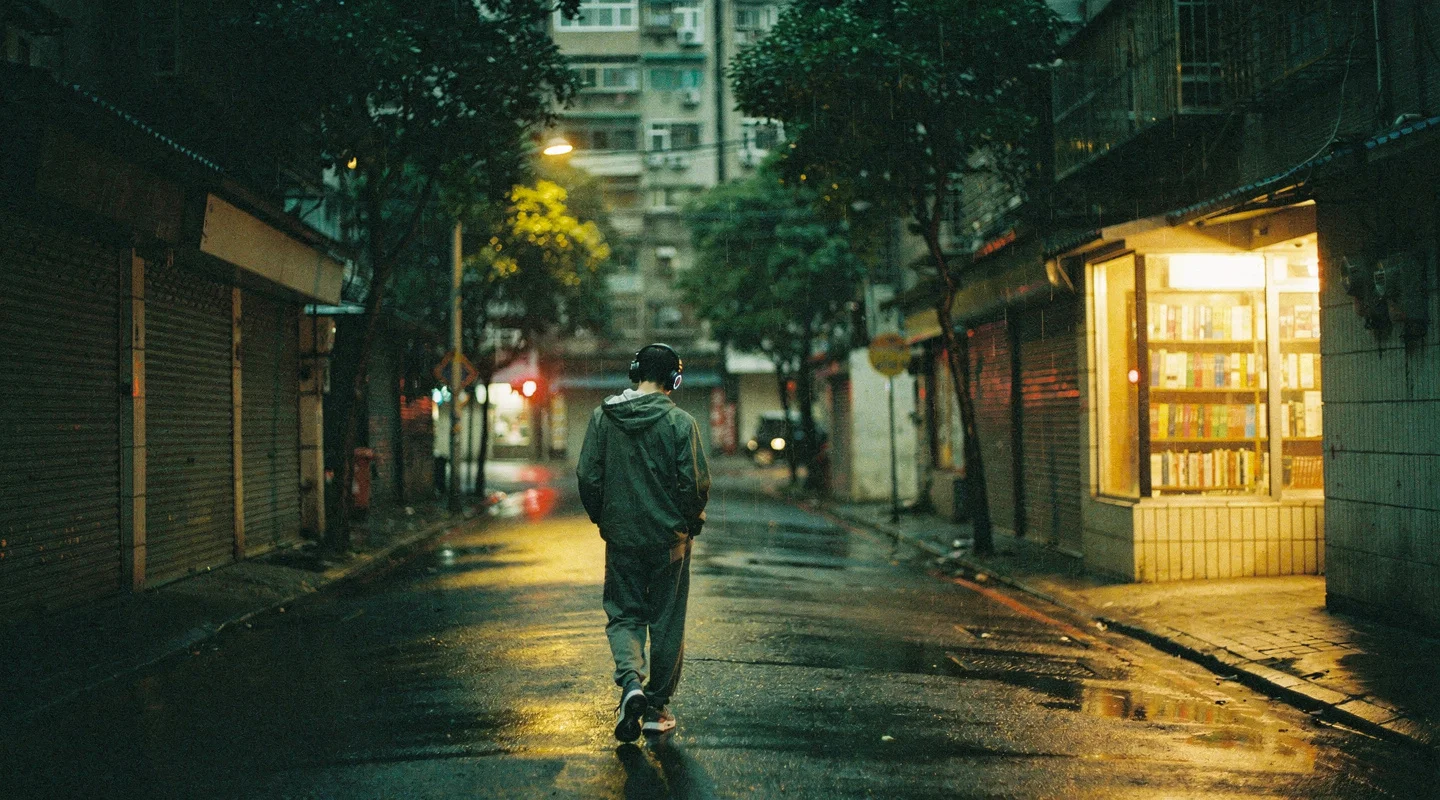 雨後的深夜街道,一個人往前走。